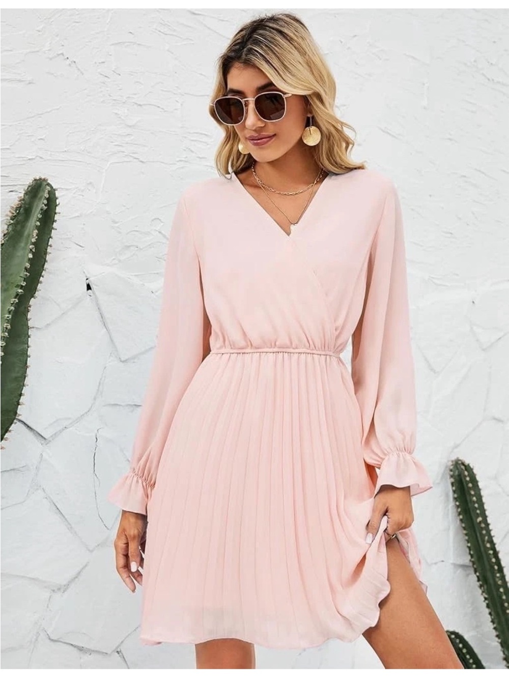 BBX Lephsnt Blush Pink V-Neck A-Line Long Sleeve Pleated Chiffon Dress Belted S